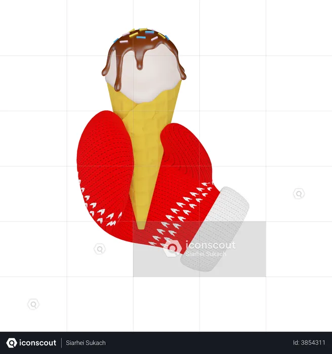 Ice cream cone in a knitted red mitten  3D Illustration