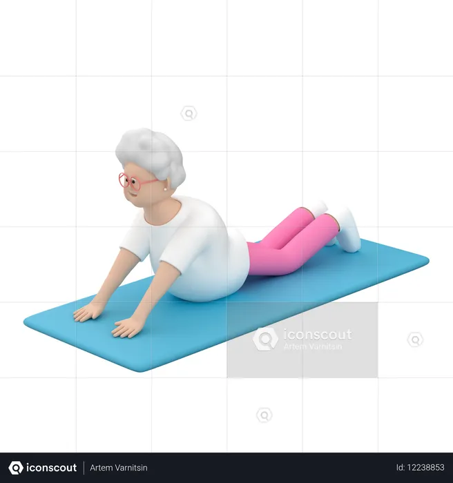 Mulher idosa praticando exercícios de flexibilidade no tapete  3D Icon