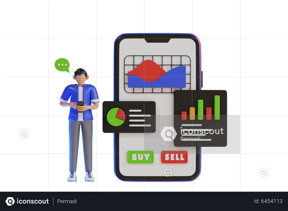 Mit der mobilen App in Aktien investieren  3D Illustration
