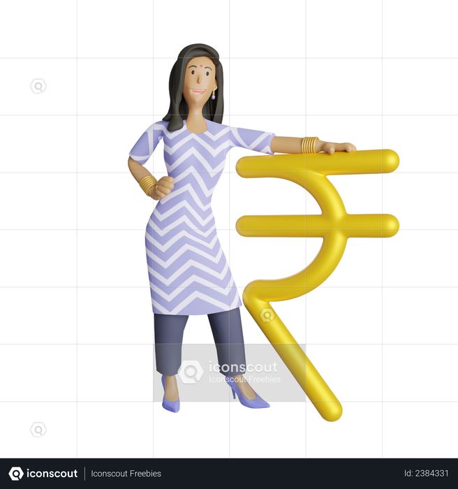 Indian business woman standing beside rupee symbol 3D Illustration