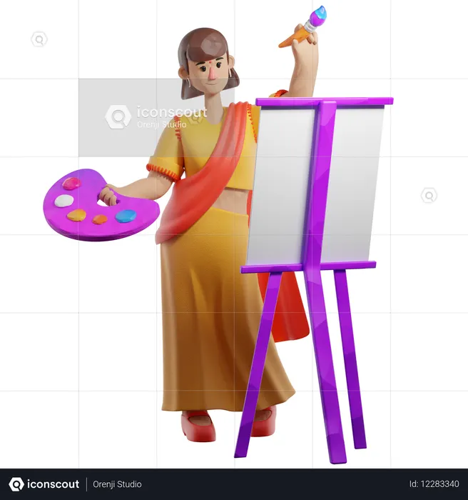 인도 여성 화가 그림 그리기  3D Icon