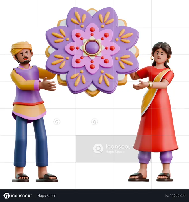 Indian Woman And Man Decorated Rangoli  3D Illustration