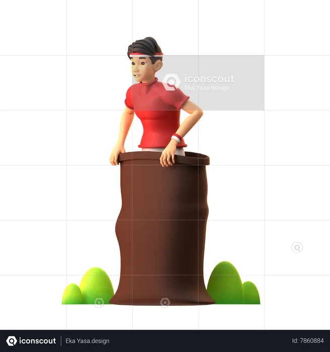 Indonesian Boy Doing Traditional Sack Race On Indonesia Independence Day  3D Illustration