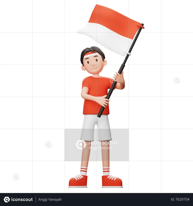 Indonesian boy Holding Flag  3D Illustration
