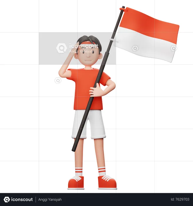 Indonesian boy with flag  3D Illustration