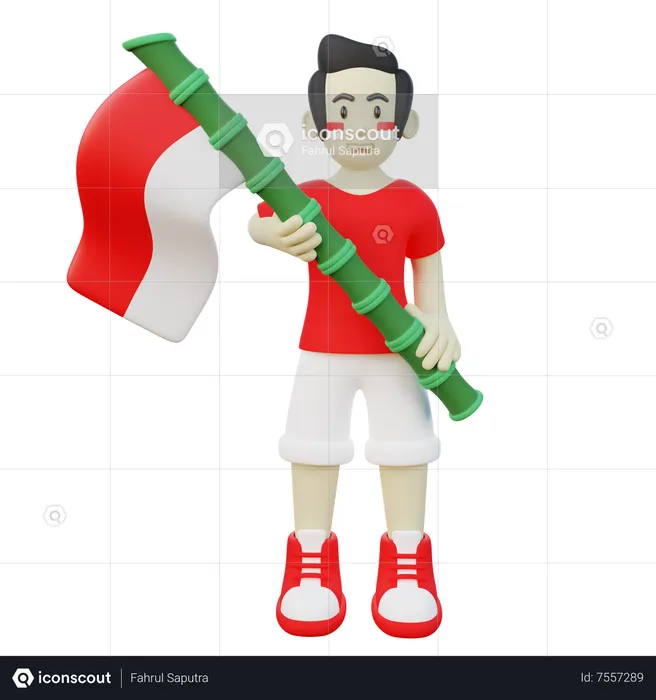 Indonesian Guy Holding Indonesia Flag  3D Illustration