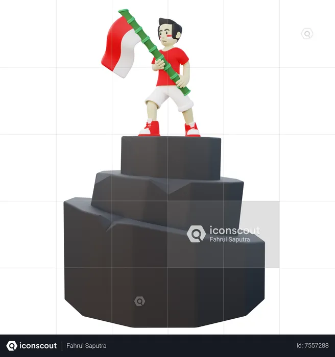 Indonesian Guy holding Indonesia flag on top of a mountain  3D Illustration