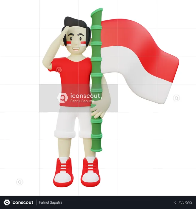 Indonesian Guy holding Indonesia flag while giving salute  3D Illustration