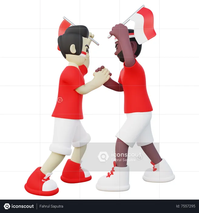 Indonesian guys doing handshake while holding Indonesia flag  3D Illustration