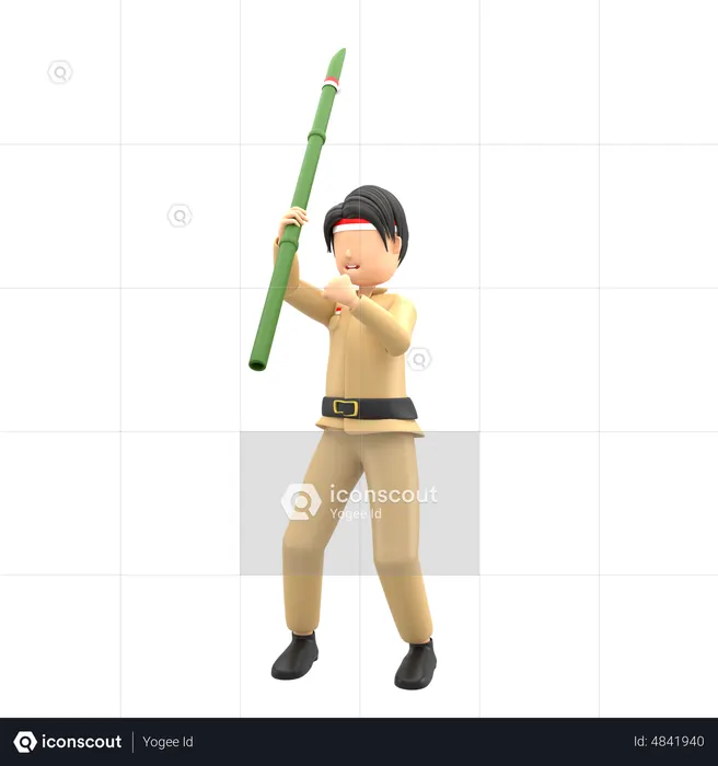 Indonesian Male celebrating independence with bamboo  3D Icon