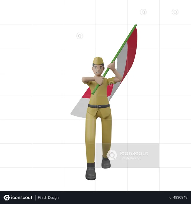 Indonesian Man Holding Indonesian Flag  3D Illustration