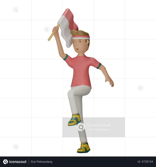 Indonesian Man Holding Indonesian Flag  3D Illustration