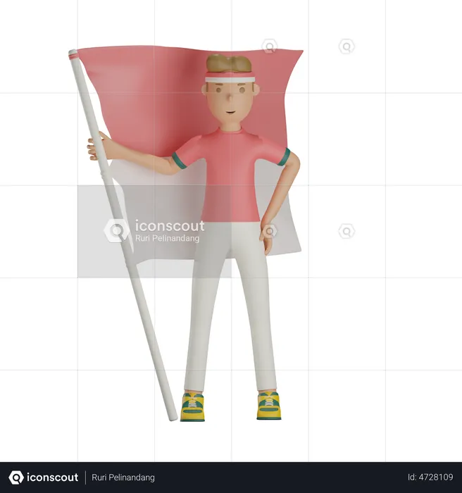 Indonesian Man Holding Indonesian Flag  3D Illustration