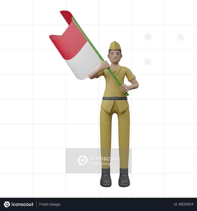 Indonesian Man Holding Indonesian Flag  3D Illustration