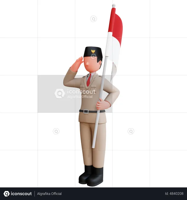 Indonesian Man Holding Indonesian Flag and giving Salute  3D Icon