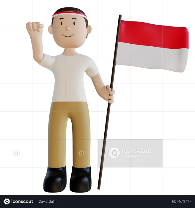 Indonesian man standing carrying a flag  3D Illustration