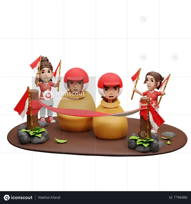 Indonesian People Playing Sack Race With Helmet  3D Icon