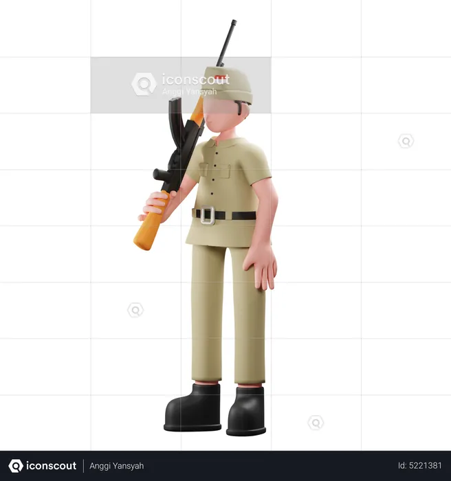 Indonesian soldier standing steady with gun  3D Illustration