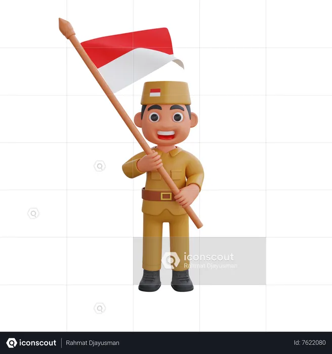 Indonesian Warrior holding flag  3D Illustration