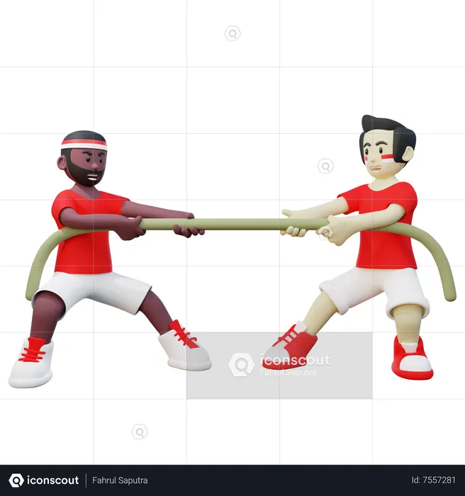 Indonesier beim traditionellen Tauziehen am indonesischen Unabhängigkeitstag  3D Illustration