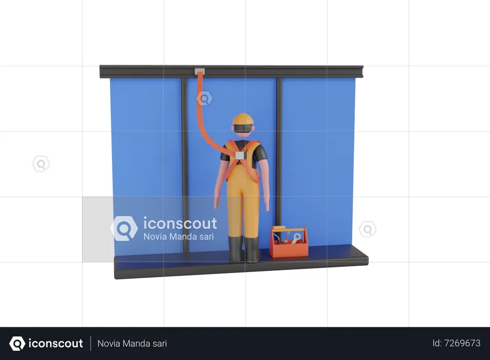 Industrial worker with safety harness is working at height  3D Illustration