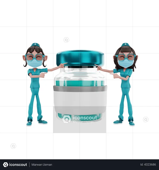 Infirmières montrant un flacon de médicament  3D Illustration