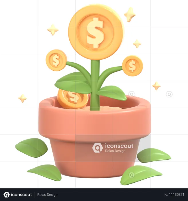 Crecimiento de la inversión con señal de crecimiento de flores.  3D Icon