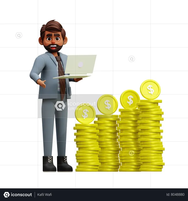 Investidor masculino que investe muito dólar no mercado  3D Illustration