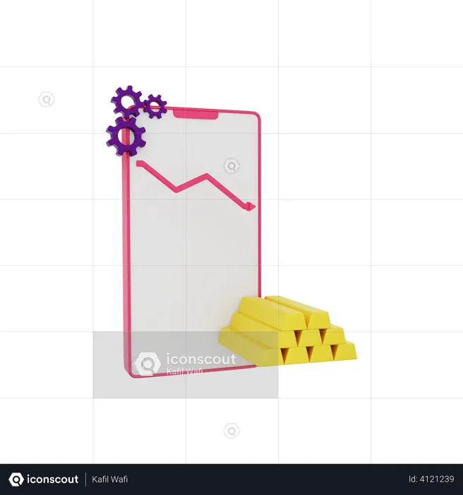 Investment chart is seen on the mobile gold bullion down  3D Illustration