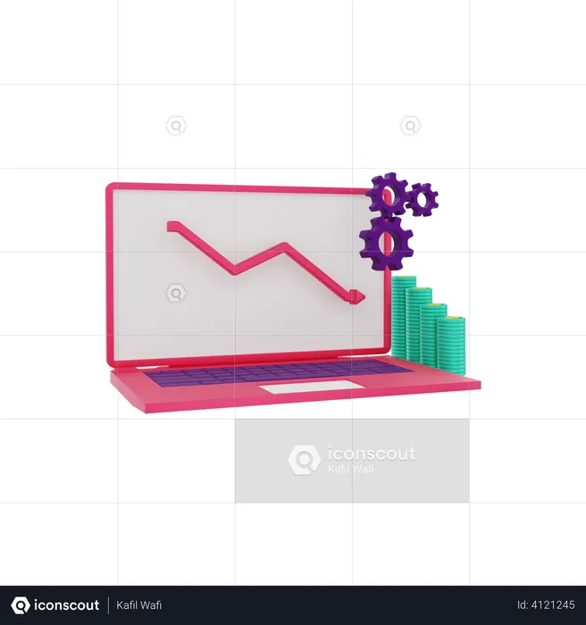 Investment chart view on laptop dollar coin drop  3D Illustration