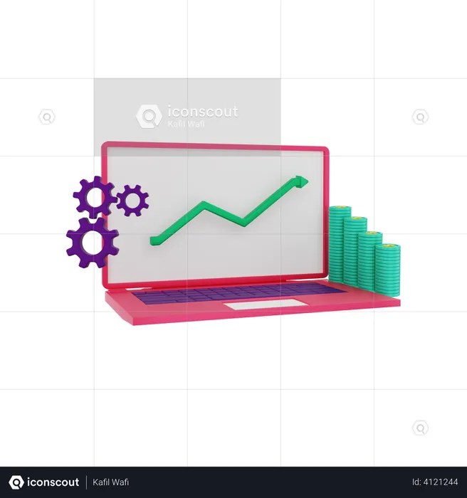 Investment chart view on laptop dollar coin growing  3D Illustration