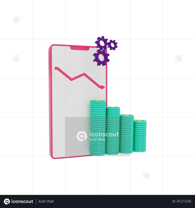 Investment graph seen on the mobile phone dollar coin down  3D Illustration