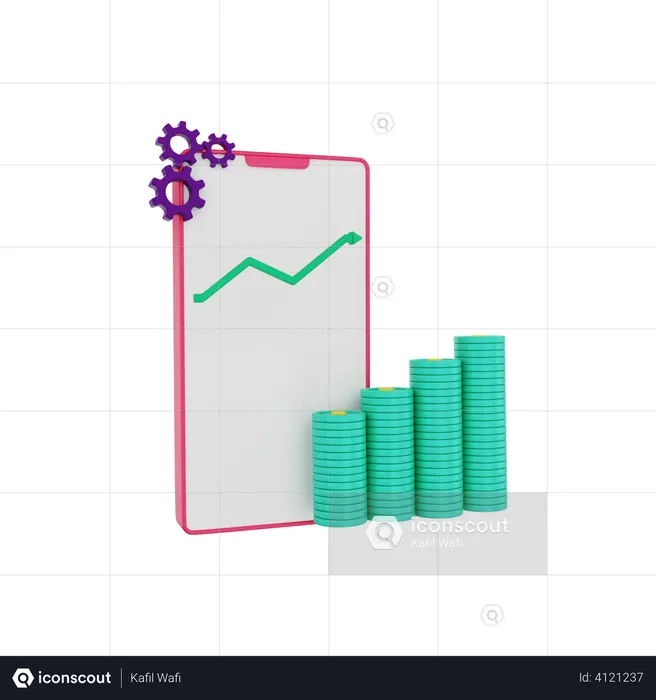 Investment graph seen on the mobile phone dollar coin growing  3D Illustration