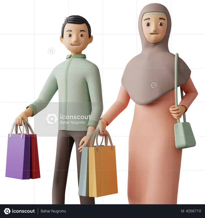 Islamic Couple doing Eid Shopping  3D Illustration