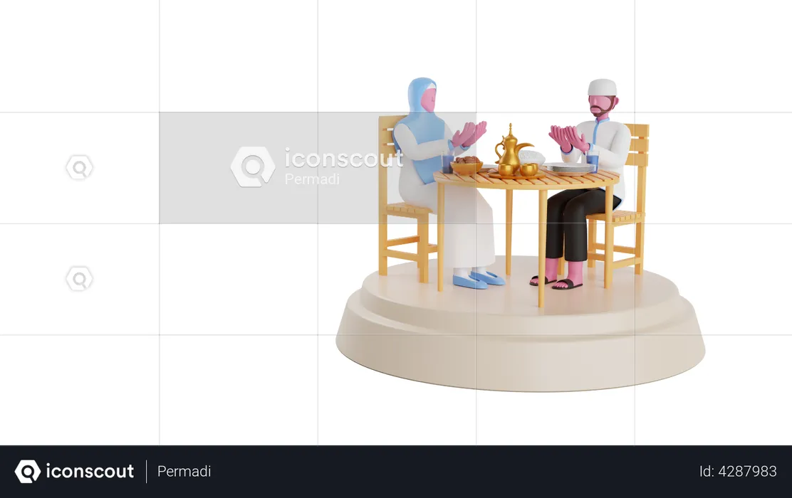 Islamic Couple doing prayer before Iftar party  3D Illustration