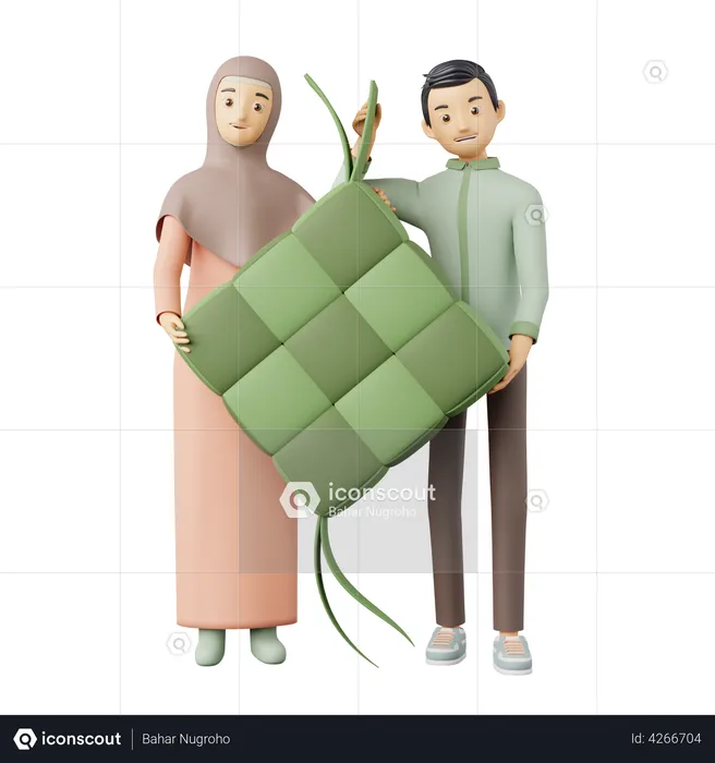 Islamic Couple Holding ketupat  3D Illustration