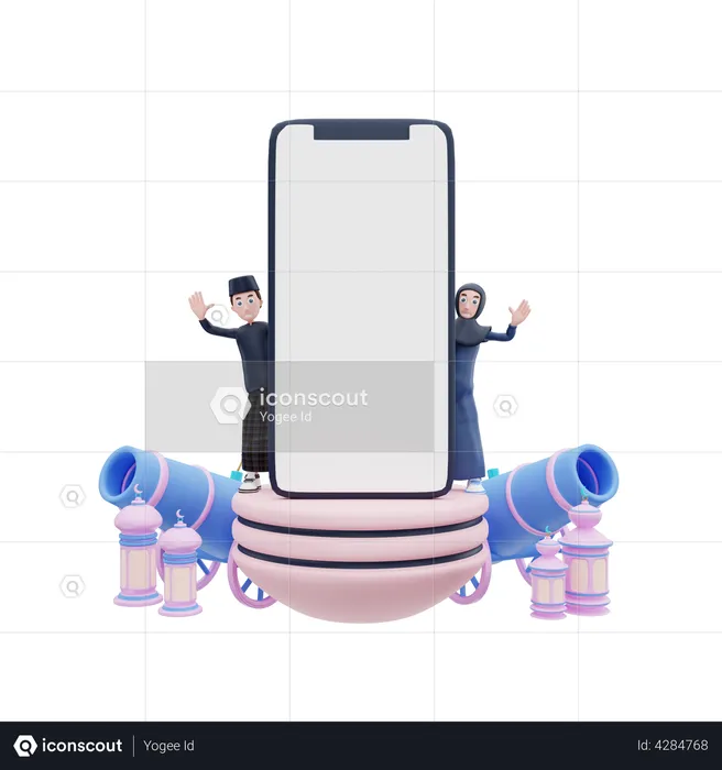 Islamic Couple with Blank Phone screen  3D Illustration
