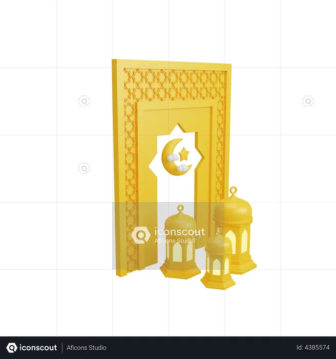 Islamic decoration with lantern  3D Illustration