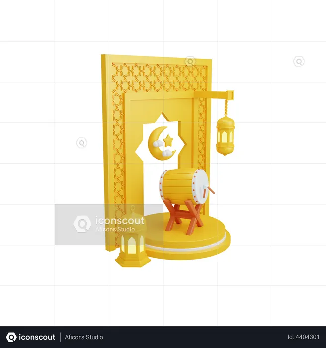 Islamic decoration with podium display and bedug drum  3D Illustration