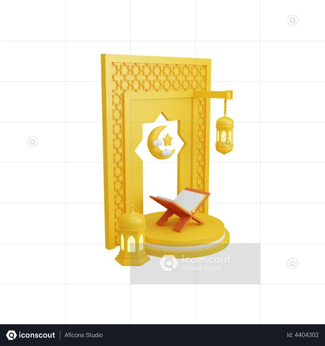 Islamic decoration with podium display and holy quran  3D Illustration