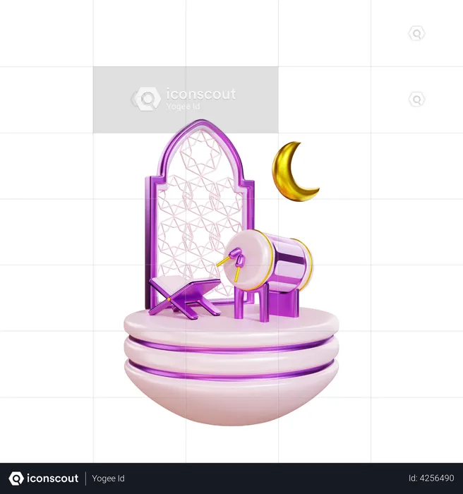 Islamic Drum with Quran and Moon  3D Illustration