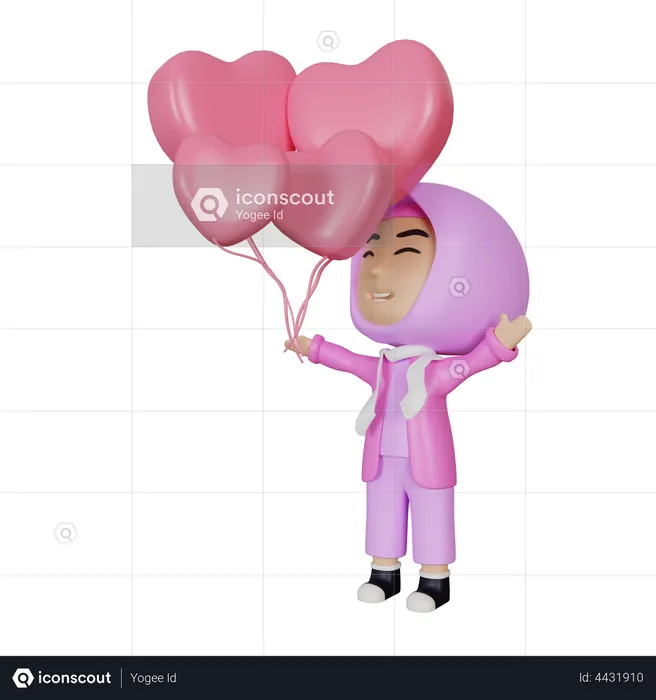 Islamic Girl holding heart shaped balloon  3D Illustration