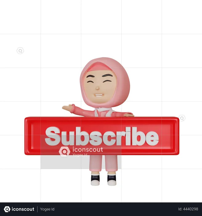 Islamic Girl showing subscribe button  3D Illustration