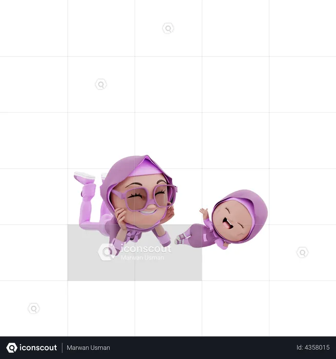 Islamic woman lying with her kid  3D Illustration