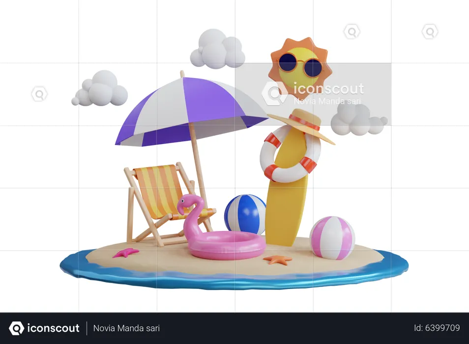 Island with sun and beach equipment  3D Illustration