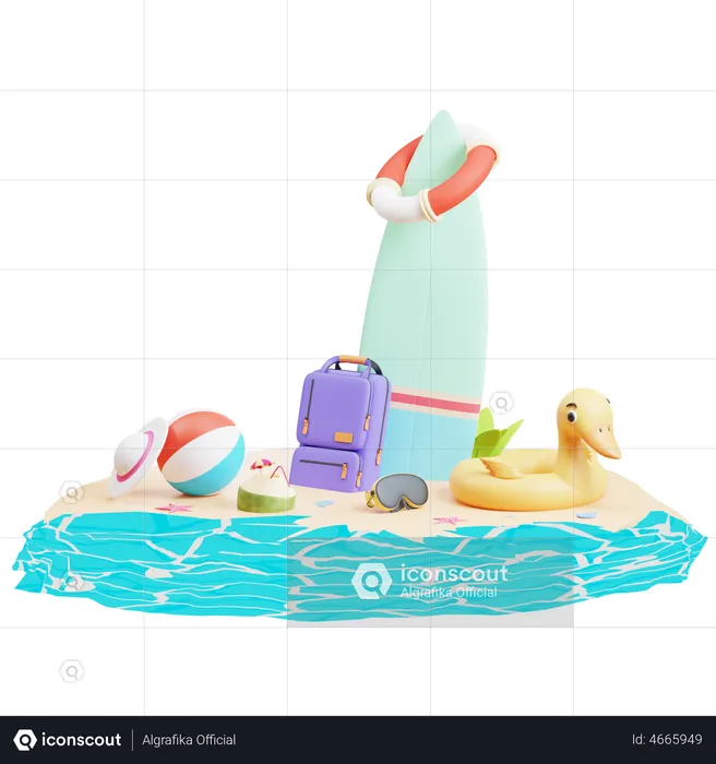 Island With Surfing board  3D Illustration