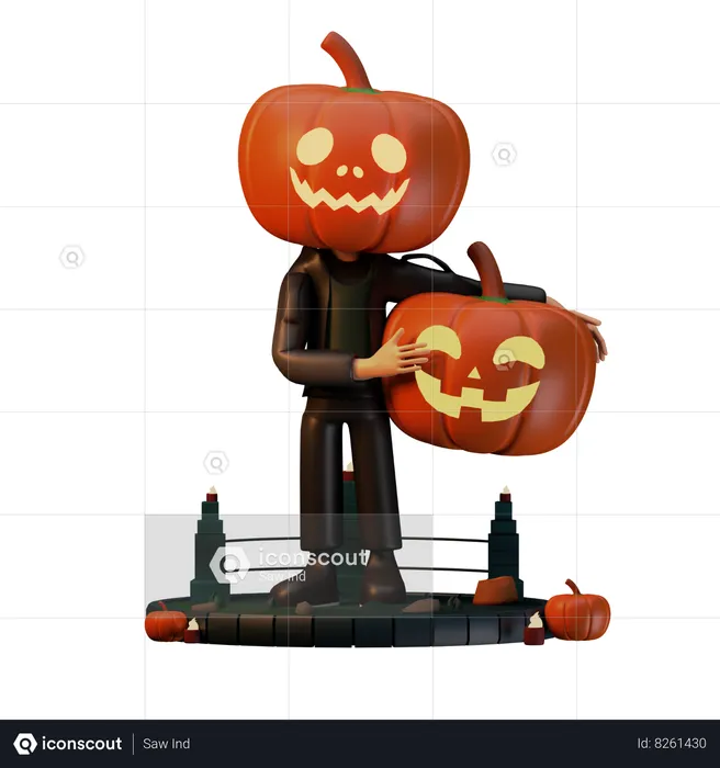 Jack O Lantern Holding Scary Pumpkin  3D Illustration