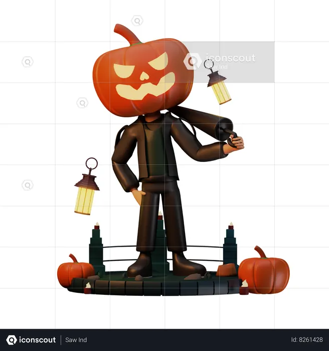 Jack O Lantern Holding Umbrella  3D Icon