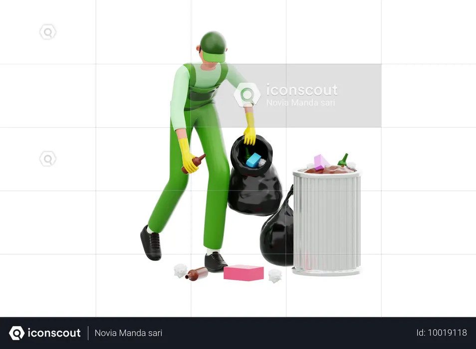 Janitor Collecting Waste Into Black Polyethene Bag  3D Illustration