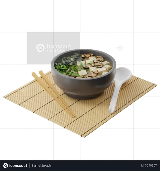 Japanese Miso soup with tofu shiitake wakame in a round plate  3D Illustration